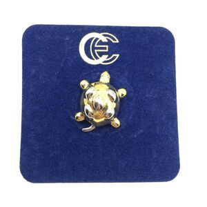 CE Signed Silver Gold Two Tone Turtle Lapel Hat Pin Brooch 7/8" Long NEW
